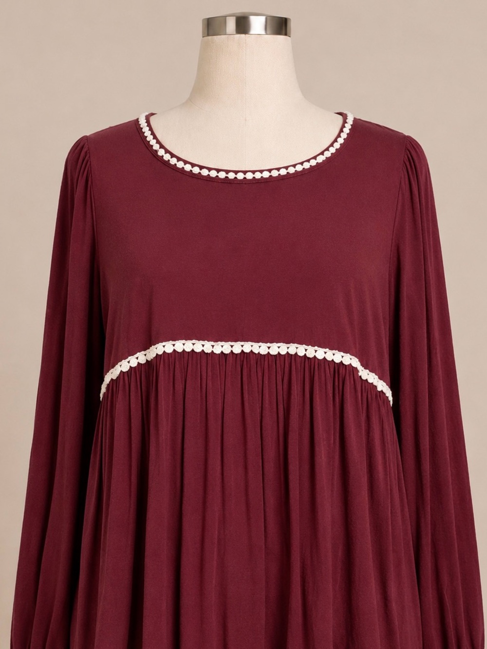 Chic Soul 2XL Burgundy Babydoll Tunic Top Long Sleeve Crochet Trim Plus Size
